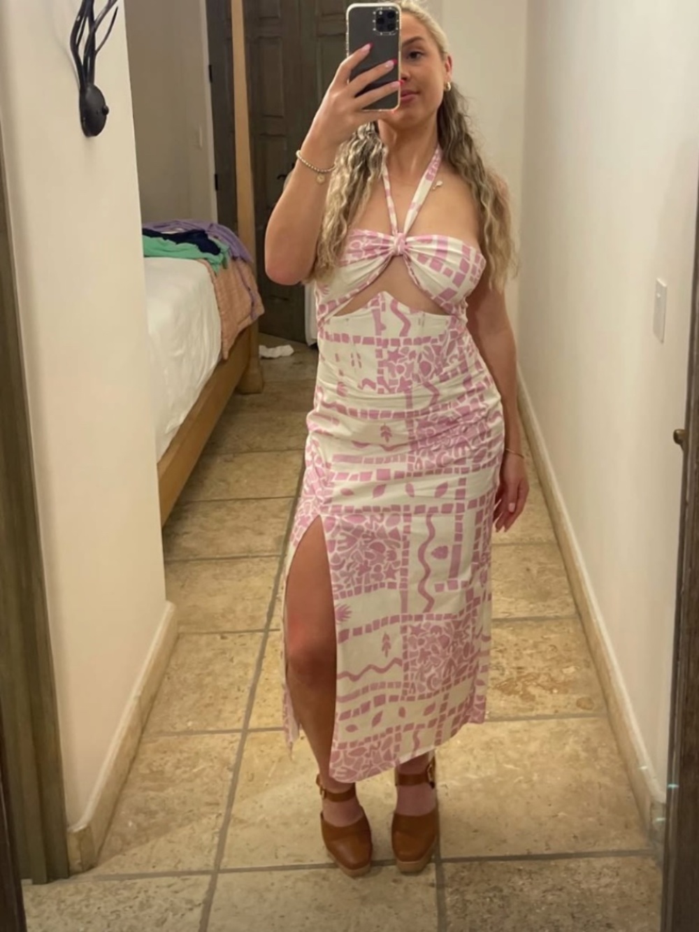 Showpo - Pink & white patterned halter dress / mid length